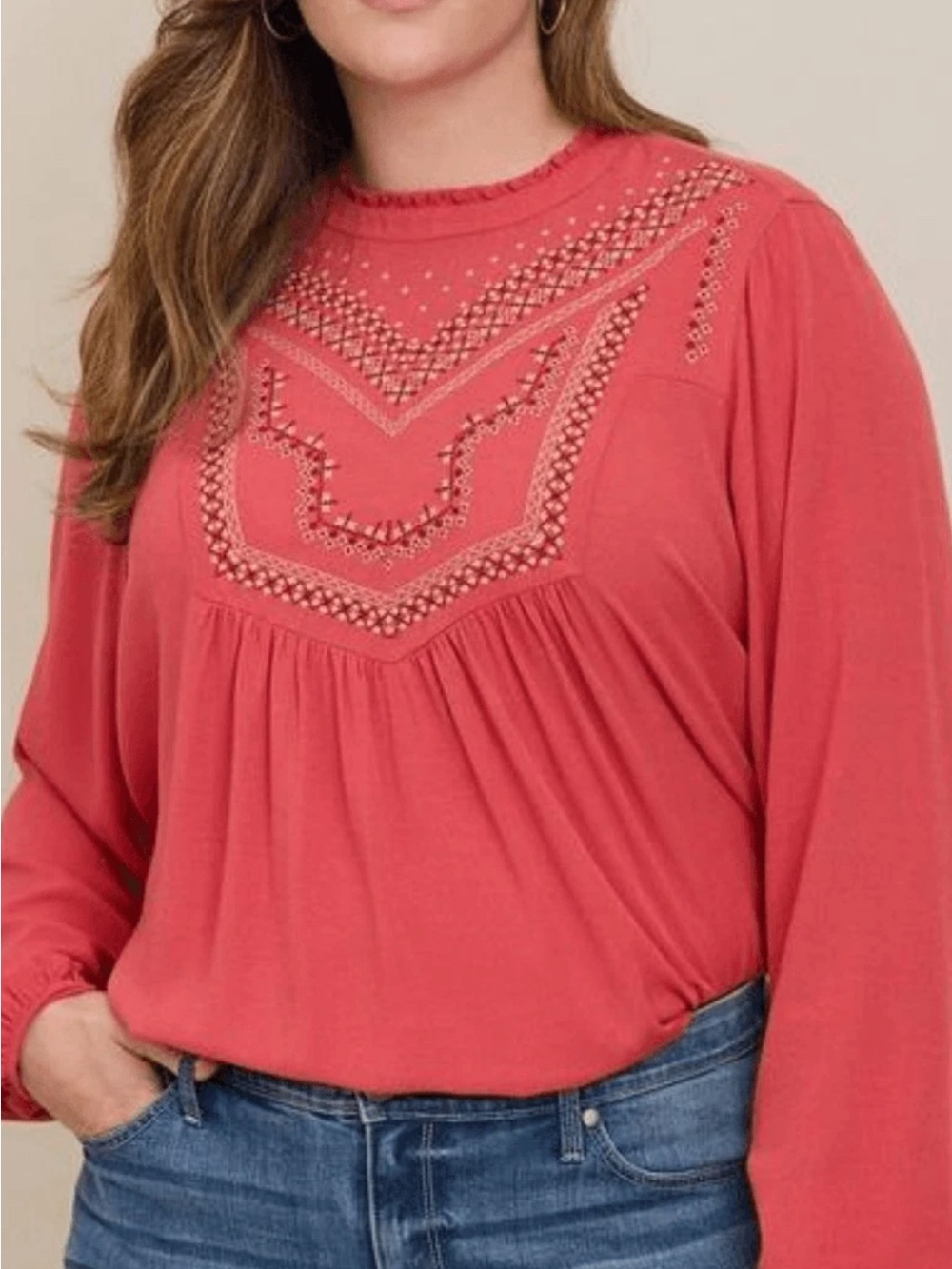 Torrid Embroidered Long-Sleeve Women’s Top in baked apple color